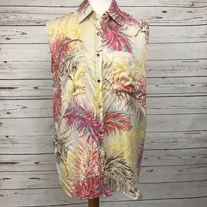 CAbi Silk Feather Print Sleeveless Blouse Size M